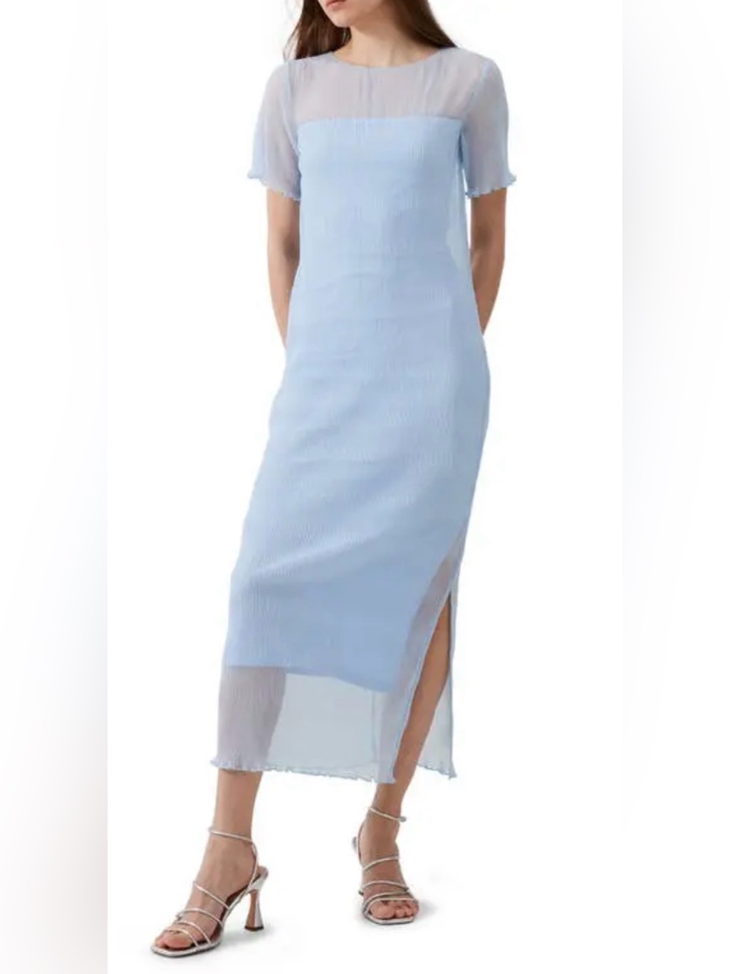French Connection Saskia Sheer Yoke Midi Dress Light Blue | Size Xs